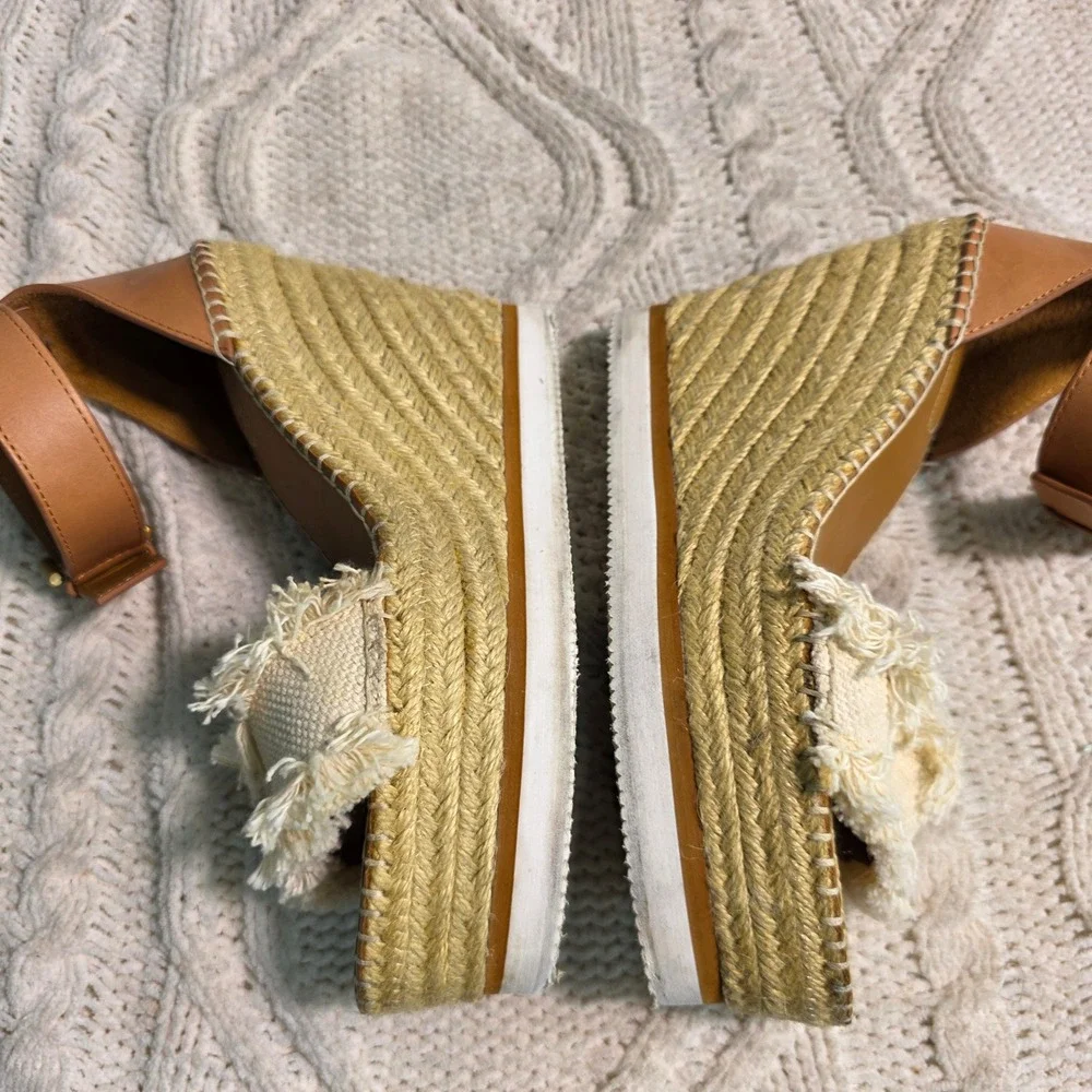 See By Chloe Glyn Espadrille Wedge Sandals Tan Fringed Canvas‎ Womens 38 7.5